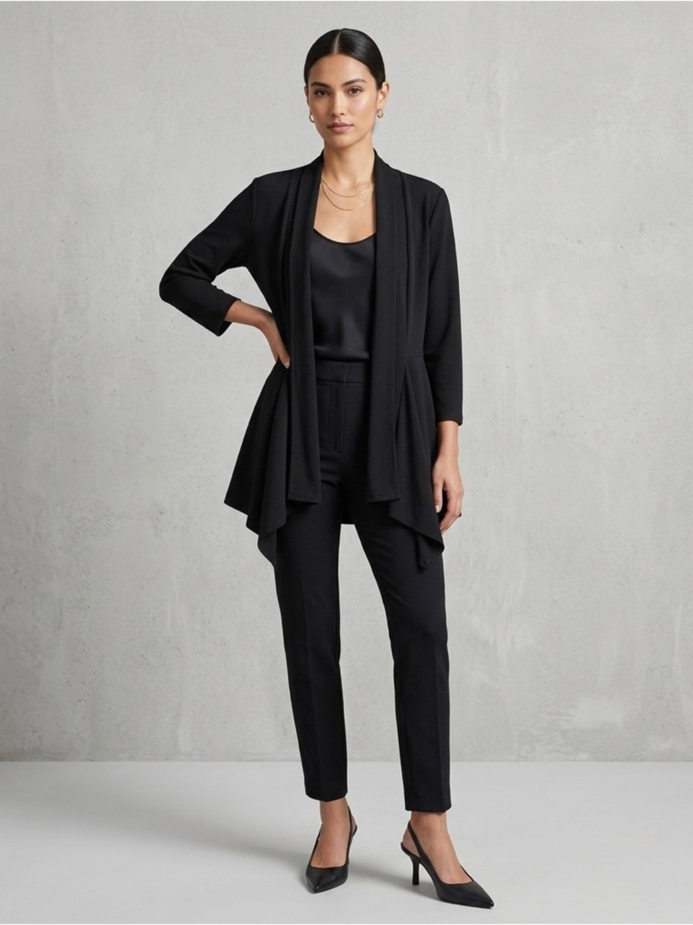Evan Picone Black Draped Open-Front Cardigan